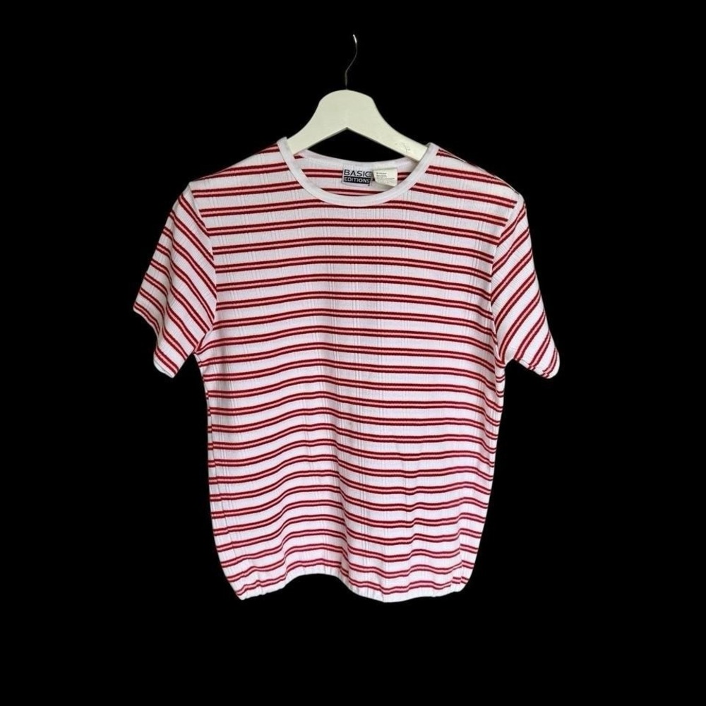 90's Basic Editions Red White Stripes Women's Size Medium Shirt Short Sleeve